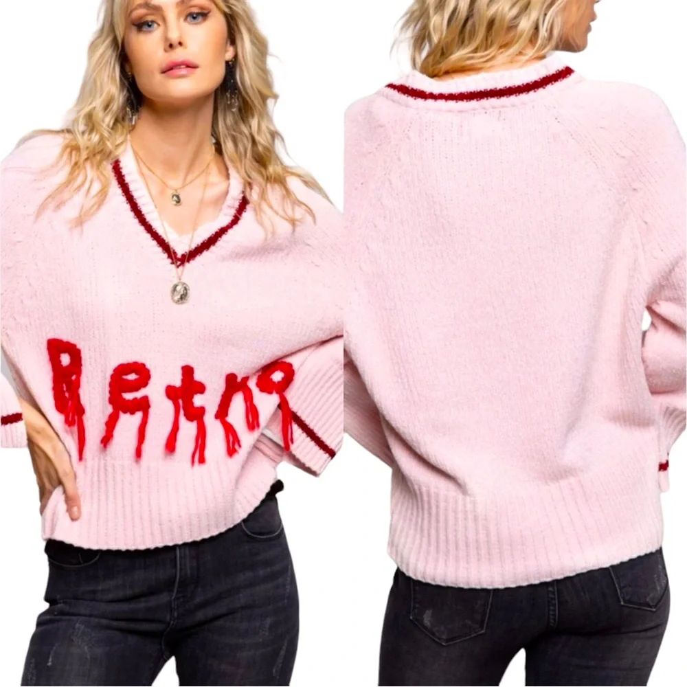 POL ‘Retro’ Fringe V Neck Sweater Women Color Pink Size L